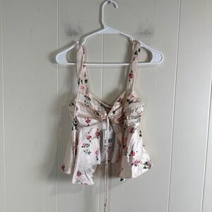 Princess Polly Alegria Top Floral Print Cream Lace Trim Tie Front Camisole US 4